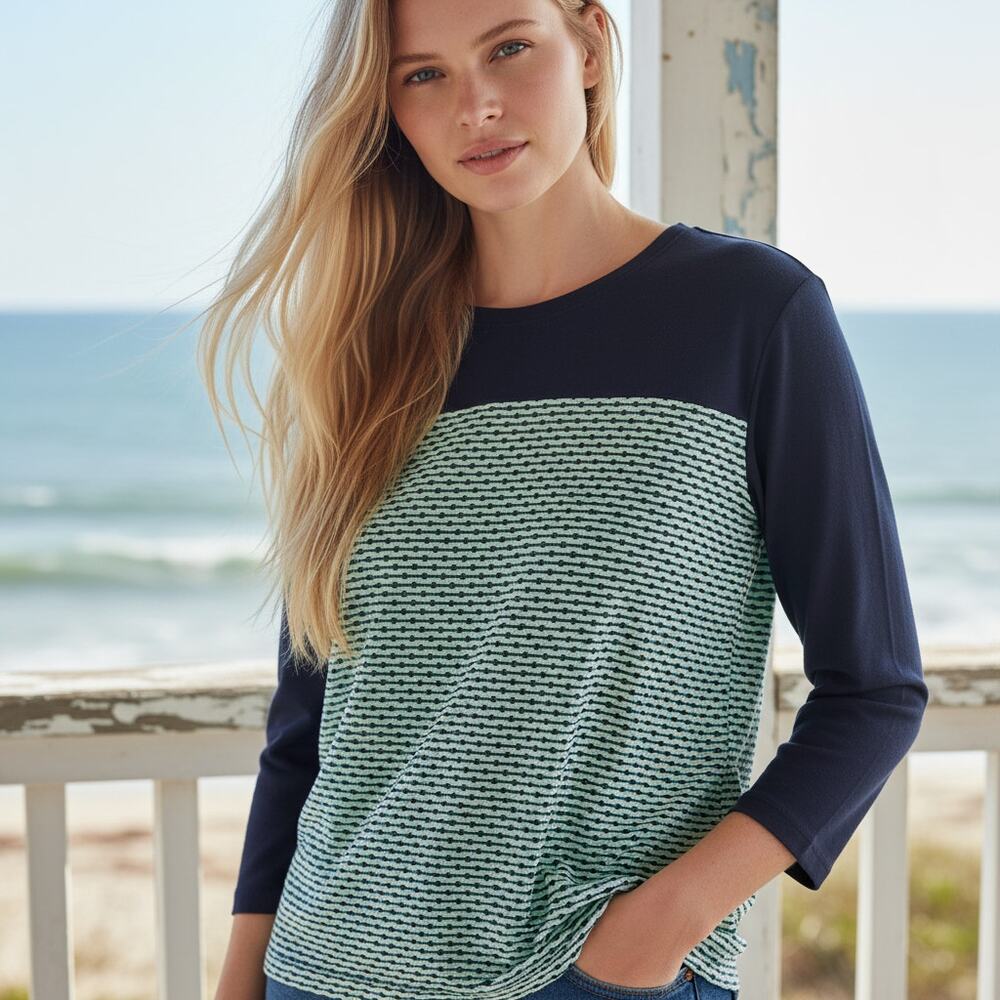 ⛵Kim Rogers L Blue Green Coastal ⚓Stripe Long Sleeve Cotton Top Casual Comfort
